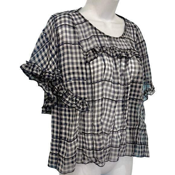 Zara Navy Blue White Gingham Sequin Flutter Sleeve Sheer Peplum Blouse size M - Picture 10 of 10